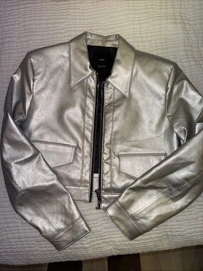 Mango Silver Metallic Cropped Leather Jacket